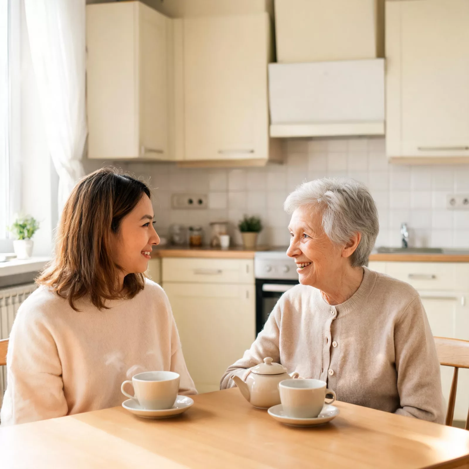 Alltagsbegleiterin und Seniorin sitzen lachend bei einer Tasse Tee am Küchentisch